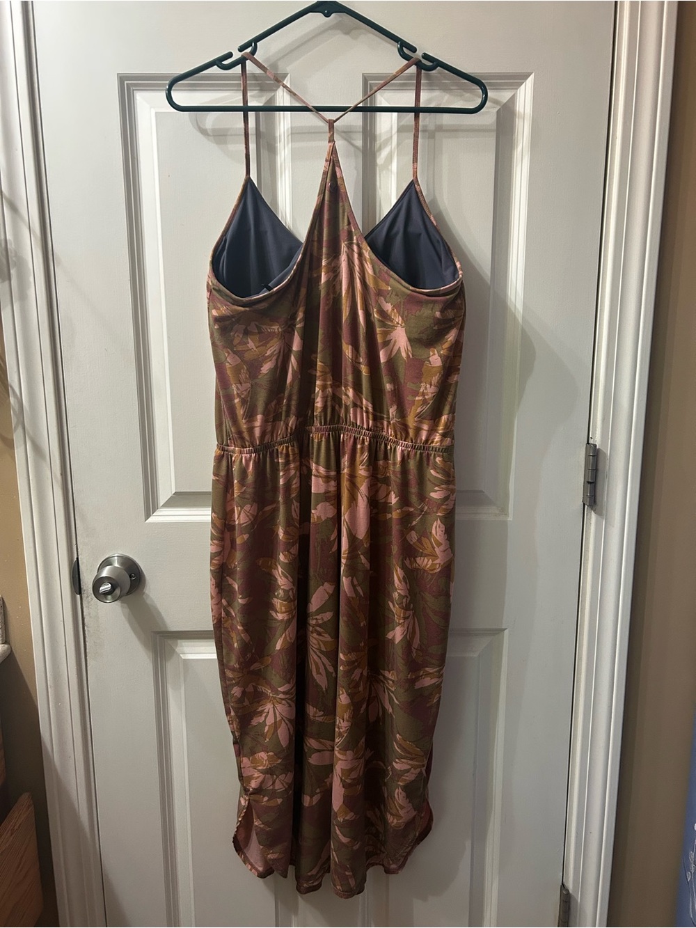 Women's Prana Floral Leaf Print Strap Dress Pink Olive & Brown size large - Picture 4 of 10